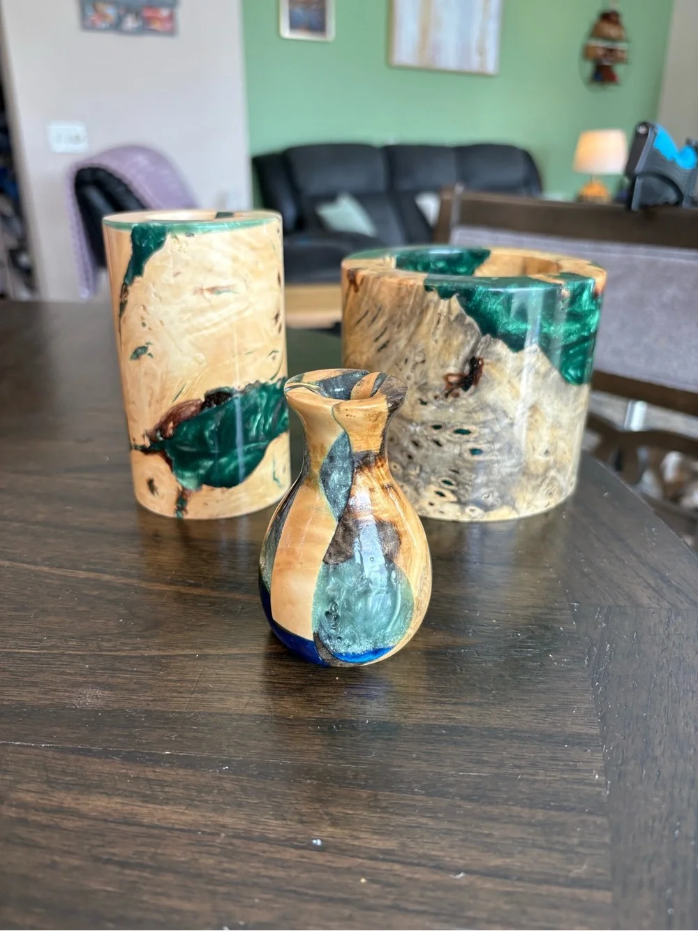 Handcrafted Wood and Emerald Resin Decorative Vase - Green Accent